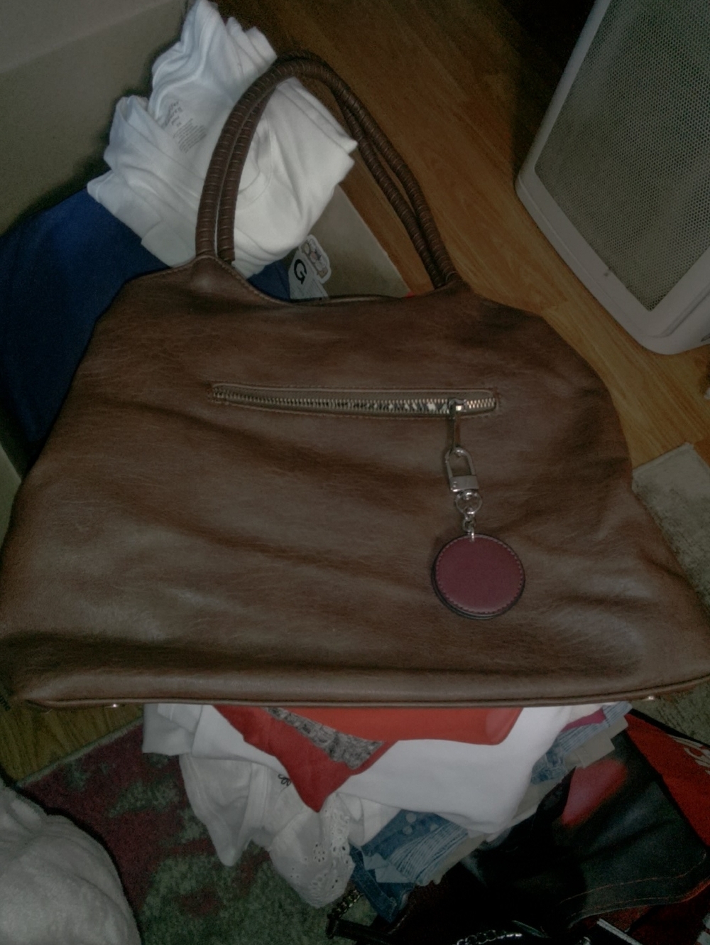 Classic Burgundy Leather Tote Bag with Round Mirror Charm
